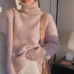 Korean Knitted Thick Sweater Women's Autumn/Winter 2024 New Turtle Neck Loose Drawn Casual Long Sleeve Pink Jumper 240110