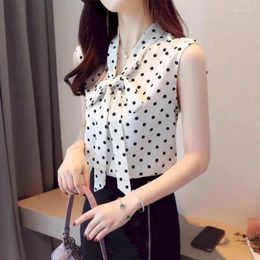 Women's Blouses Shirts For Women Vintage Dot Print Chiffon Sleeveless Casual Korean Fashion Tops Lace Up Bow V-neck Blouse Office