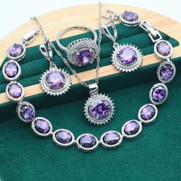 Sets New Arrivals 925 Silver Wedding Jewellery Sets for Women Purple Zircon Bracelet Earrings Necklace Pendant Ring Holiday Gift