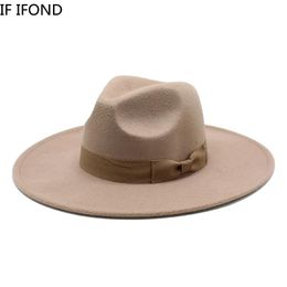 Berets 2022 New British Style Men Women Winter Felt Fedoras Cap 9.5cm Big Wide Brim Derby Wedding Church Jazz Hats