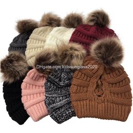 Caps Hats Striped Hollow Ponytail Knitted Hat With Cross Opening After Ladies Woolen Warm Autumn And Winter Fashion Drop Delivery Dho1I