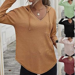Women's Hoodies Crop Top With Hood Solid Colour V Neck Long Sleeve Pocket Hoodie Sweatshirt Women Drawstring Pullover Track