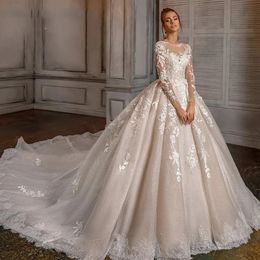 Exquisite Blumenhochzeitskleider appliziert Spitze Langarme Brautkugelkleider Vestidos de Noite Sitte für Frauen gemacht