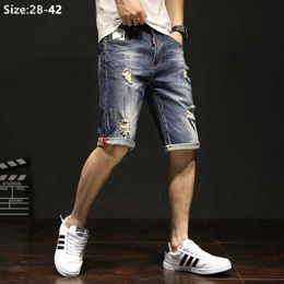Men's Shorts Mens Ripped Jeans Summer Denim Shorts Plus Size 38 40 42 Stretched Boys Cool Scratched Teenagers Distressed Slim Half Trousers YQ240111
