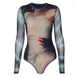 Women's Tanks Sexy See Through Bodysuit Women Long Sleeve Y2K Mesh Transparent Sheer Print Slim Romper Tops Outfits Streetswear Top Summer