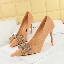 Dress Shoes ZOOKERLIN Pointed Rhinestone Bow Women's Pumps Suede High Heels For Women Wedding Females Stiletto 35-43 Plus Size