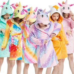 3-14Year Kids Flannel Bathrobe Baby Girls Boy Cartoon Hooded Pyjamas Children Soft Bath Robe Nightgown Teenager Toddler Clothing 240111