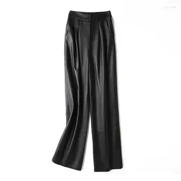 Women's Pants 2024 Genuine Leather Spring High Waist Sheepskin Slim Flapped Straight Tube Temperament Wide Leg Long Pant