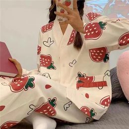 Women's Sleepwear Cartoon Japanese Kimono Autumn Winter Pyjamas Sets Cotton Long Sleeves Jumpsuits Casual V-neck Lapel