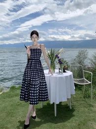 Casual Dresses Korean Rhombus Polka Dot Print Elegant Sexy Backless Long Dress Summer Women Fashion Spaghetti Strap Party Club Holiday