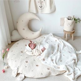 Circular Baby Changing Mat Cartoon Crawling Mat Diaper Pad Washable Floor Mat Rabbit Flower Embroidered Kids Room Decoration 240111