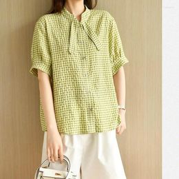 Women's Blouses 98% Cotton Shirts For Women Plaid Vintage Half Sleeve Loose Fit Casual Korean Fashion Single Breasted Blouse Office Tops