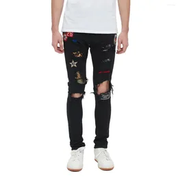 Men's Jeans Ripped Embroidery Badge Star Leopard Patchwork Distressed Destroyed Stretch Skinny
