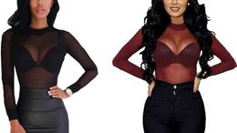 Sexy Women T Shirt See Through Transparent Mesh Tops Long Sleeve Sheer Slim Ladies Turtleneck T-Shirt Clothing