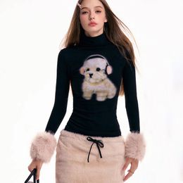 Two Piece Dress Sexy Graphic t Shirts with Furry Cuffs Black Long Sleeve Top for Women Winter Kawaii Clothes