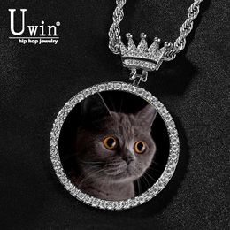 Necklaces Uwin Custom Round Photo Medallions Necklace with Crown Clasp Photo Memory Pendant Personalised Fashion Hip hop Jewellery For Women