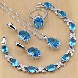 Sets 925 Sterling Silver Jewelry Blue Birthstones Jewelry Sets for Women Wedding Earring/Pendant/Necklace/Rings/Bracelet