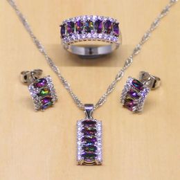 Sets Mystic Rainbow Fire Zircon Women 925 Sterling Silver Jewelry Set Wedding Earrings/Pendant/Necklace/Rings Free Gifts Box