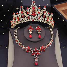 Display Gold Colors Red Bridal Jewelry Sets for Women Tiaras Crown Necklace Earrings Set Wedding Dress Bride Costume Accessories