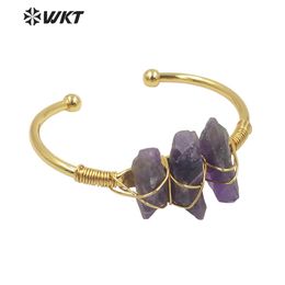 Bangles WTB602 WKT Design Natural Stone Bracelet Three Stones Amethyst Quartz Big C Bangle Gold Plated Women's Jewelry Gift