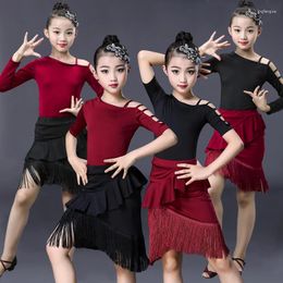 Stage Wear Latin Dance Apparel Girls Fringe Dress Training Spring And Autumn Split Two Piece Set & Skirt