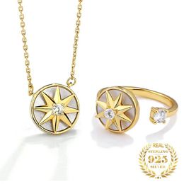 Necklaces Sterling Silver 925 Fashion Rotating Jewellery 2023 Round Shell Pendant Creative Spinner Eightpointed Star Pendant Necklace Women