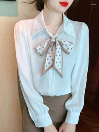 Women's Blouses Oiinaa Shirt Women Tops Chic Bow Tie Satin Casual Solid Elegant Comfortable Long Sleeve Blouse Korean Fashion Office Lady