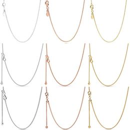 Sets 100% 925 Sterling Silver Rose Gold Curb Sliding Clasp Anchor Chain Adjust Basic Necklace Fit Fashion Bead Charm Trendy Jewelry