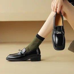 Dress Shoes 2024 Spring Retro Women Pumps Round Toe Chunky Heel Loafers Split Leather For Metal Buckle Platform