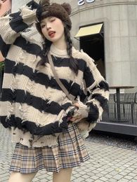 Women's Sweaters 2024 Black White Contrasting Striped Tassel Sweater Design Streetwear Pullover Women Spring O-Neck Long Sleeved Knitted Top