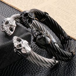 Gothic Man Bracelet In Stainless Steel High Quality Double Row Wire Skull Head Open Bangles For Men Boys Mens Cuff Bracelets 240110