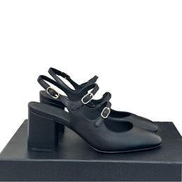 Sandálias femininas clássicas de salto grosso de 7 cm Mary Jane Calfskin Slingbacks sapato designer ajustável fivela de tornozelo slides senhoras sapato de lazer para festa como presente