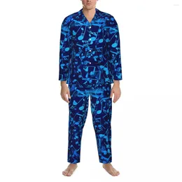 Men's Sleepwear Pyjamas Man Blue Music Notes Room Nightwear Retro Print 2 Pieces Aesthetic Pyjama Set Long Sleeves Cute Soft Oversized Home