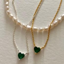 Pendants 18K Gold Plating Authentic 925 Sterling silver Green emerald Heart Love Pendant Choker Necklace Jewellery CB1051