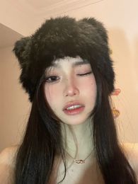 Black bear ears rabbit fur hat cute plush wrap head cap cold warm fur cap Y2k Girls Korean Hats Knitted Hat 240110