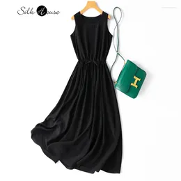 Casual Dresses Classic Black Natural Mulberry Silk Long Vest Dress Crepe De Chine Drawstring Women's Fashion