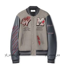 Off White Jacket AC MILANS Off Brand High-end Coat Male and Female Lovers Ow Heavy Industry Embroidered Wool Spliced Leather Sleeve Fashion Trend Brand Off White 8392