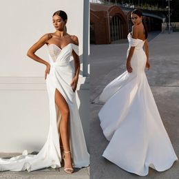 Chic Satin Off Shoulder Mermaid Wedding Dresses Sequined Side Split Bridal Gowns Short Sleeves V Neck Bride Dresses Custom Made