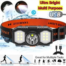 Strong Bright Headlamp LED Dual Light Source Headlight Torch Flashlight Forehead Rechargeable Lighting for Camping Hunting Headlamp