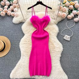 Casual Dresses Summer Strap Knit Dress Feather Spliced Open Back Slim Fit Long