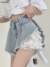 Women's Shorts Jeans Summer Sexy Denim Shorts Women Harajuku Y2k Lace Two Piece High Waist Jeans Fashion Streetwear Female Chic Wide Legs Short Pants