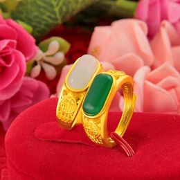 Cluster Rings HOYON Ring Gold Inlaid Jade Opening Adjustable Jewellery Real 18K Colour