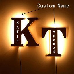Chains 26 Letters Custom Name LED Wooden Night Lights Fashion Bedroom Wall Decor USB Light Personalized Jewelry Wood Lamp Accessories