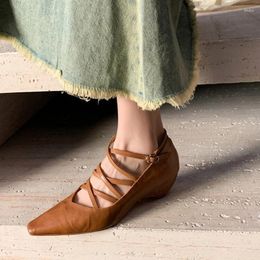 Dress Shoes Spring/Autumn Women Pumps Pointed Toe Wedges Genuine Leather For Fashion Shallow Cross-tied