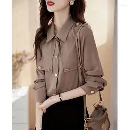 Women's Blouses Korean Commute Button Spliced Solid Shirt For Female Clothing All-match Long Sleeve Fashion Turn-down Collar Blouse