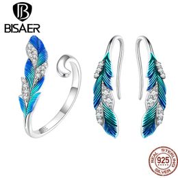 Sets BISAER 925 Sterling Silver Blue Feather Jewellery Set Earrings Adjustable Ring Plated Platinum For Women Elegant Fine Jewellery Gift