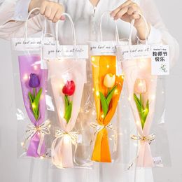 Decorative Flowers Single Tulip Clear Bag Simulation Pu Flower Bouquet Handheld Packaging Bags Creative Teacher's Day Gifts Wrapping Handbag