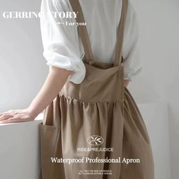 Gerring Korean Aprons For Women With Pocket Adjustable Cotton Linen House Kitchen Cook Apron Florist Work Clothes 240111