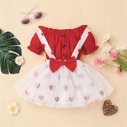 Clothing Sets Toddler Baby Girl Valentine's Day Outfit Short Sleeve Boat-Neck Top Heart Print Tulle Suspender Strap Skirts Set