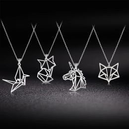 Origami Unicorn Fox Crane Pendant Necklace Women Girls 14K White Gold Animal Choker Neck Chain Necklaces Jewelry Gift